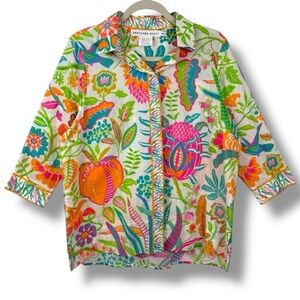 Gretchen Scott Cotton Boyfriend Shirt Tropical Bright Multicolor Button Front S